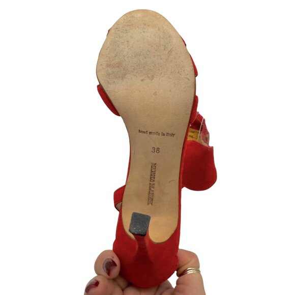 Manolo Blahnick Coral Red Suede Heeled Sandals - Size 8 - Picture 4 of 6